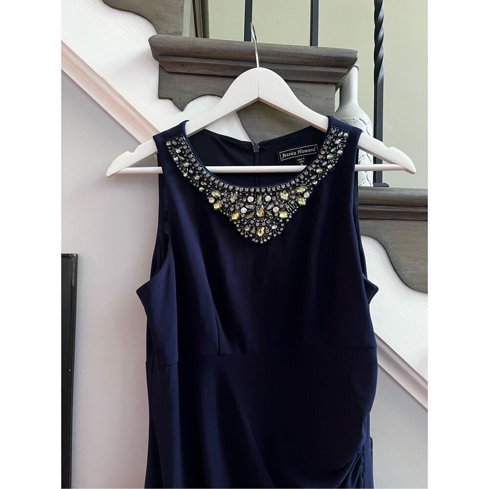 Jessica Howard Navy Jewel Trimmed Side Ruched Gown sz 6 EUC
